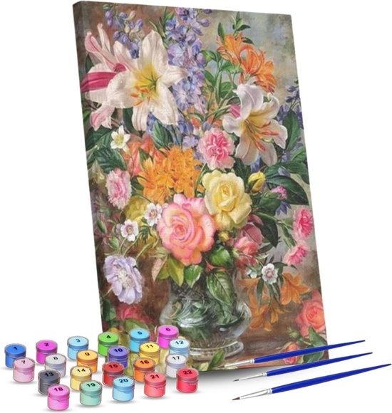 8719992944446 - Rubye® Malen nach Zahlen Erwachsene - Blumen in der Vase - Inklusive Farbe und Pinsel - Leinwand Malerei Leinwand - Farbe nach Zahlen - 40x50cm