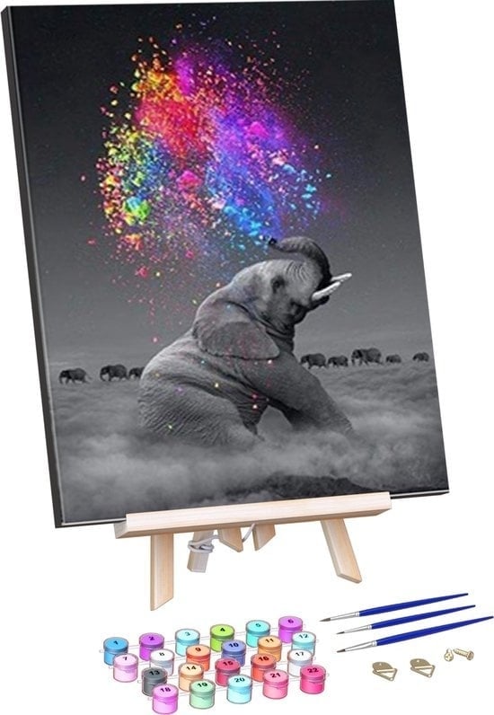 8719992944736 - Malen nach Zahlen Erwachsene - Bunter Elefant - Mit Rahmen Staffelei und Pinseln - Leinwandmalerei Leinwand - Malen nach Zahlen - 40x50cm