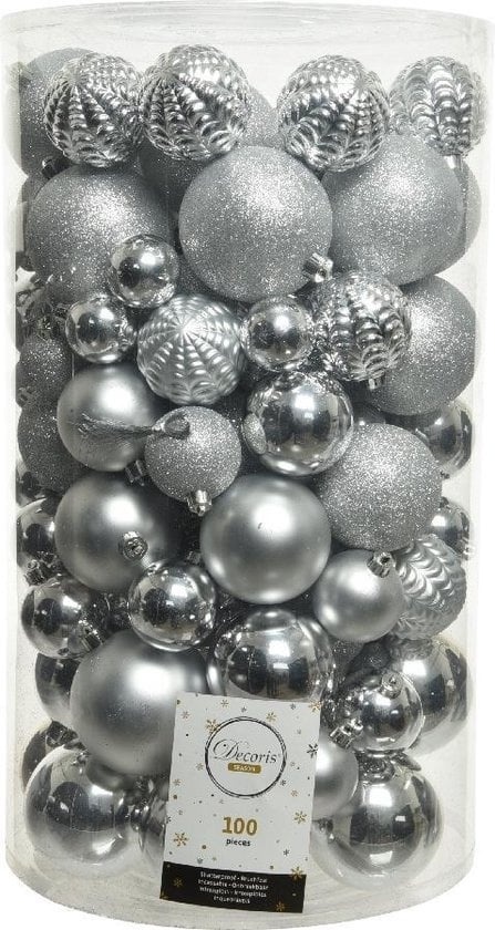 8720093383218 - Weihnachtskugelset 100 Stück aus Kunststoff silber