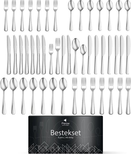 8720165052318 - Perow 8 Personen Besteck-Set - 48 Teile - 18 10 Edelstahl - Löffel Messer Gabeln & Steakmesser - spülmaschinenfest - Silber