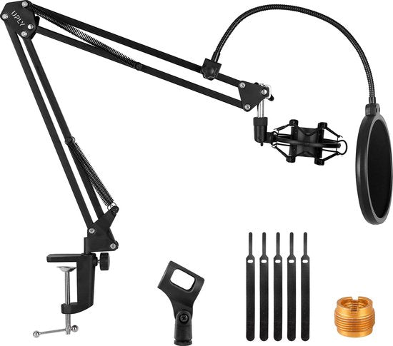 8720165578955 - Mikrofonarm - Inklusive Pop-Filter und Shockmount - Ohne Mikrofon - Boom Arm - Mikrofonständer - Stativ - Faltbar - 360 Grad - Schwarz