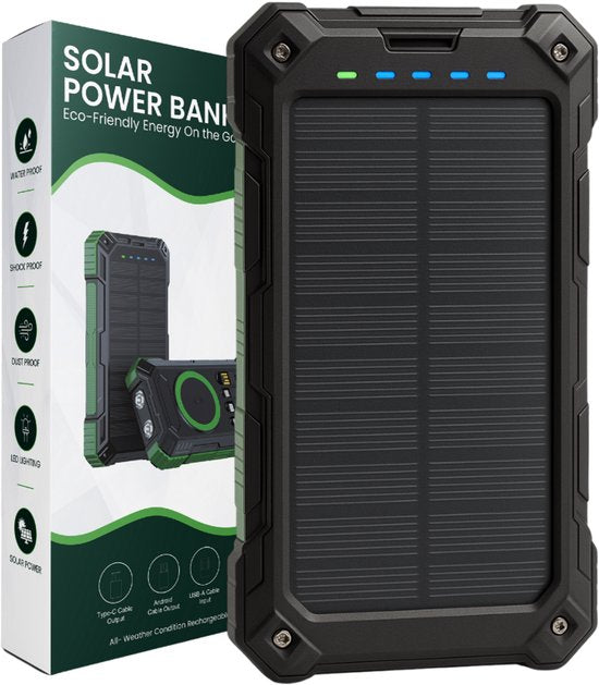 8720165868711 - Solar-Powerbank 30000mAh - kabelloses Laden - wasserdicht & stoßfest - schnelles Aufladen über USB-C - integrierte Kabel - Outdoor-Powerbank mit LED-Taschenlampe und Solarpanel - geeignet für Smartphone Iphone Samsung Tablet und Kamera