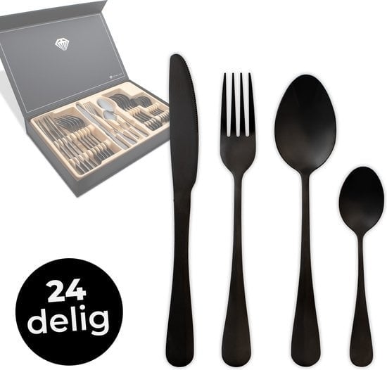 8720167426254 - DymundÂ¬Ã† Besteck-Set - 6 Personen Besteck - (24 Teile) - Glänzende Besteck-Sets - Inkl Besteckkasten - Edelstahl - Schwarz