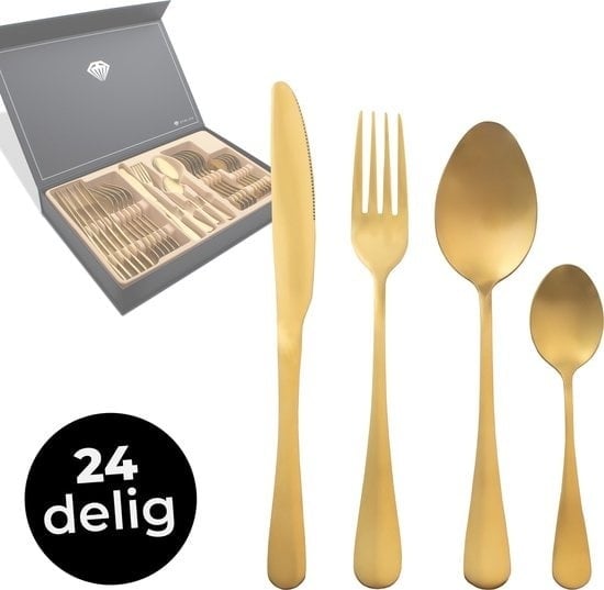 8720167426285 - DymundÂ® Besteck-Set - 6 Personen Besteck - (24 Teile) - Glänzende Besteck-Sets - Inkl Besteckkasten - Edelstahl - Gold