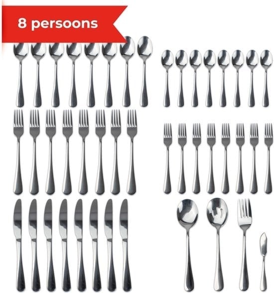 8720167426339 - 8 Personen Besteck-Set - (45-teilig) Besteck - Inkl Servierlöffel Zuckerlöffel Serviergabel Buttermesser - Edelstahl - Silber