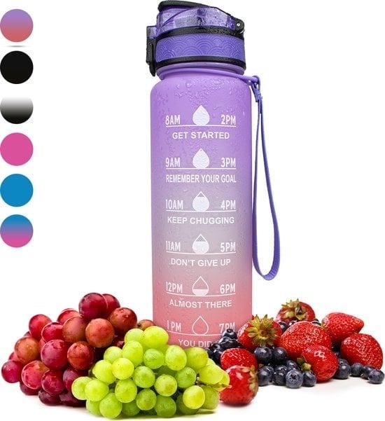 8720167426582 - Motivations-Wasserflasche - 1-Liter-Trinkflasche - mit Zeitmarkierungen und Fruchtfilter - rosa-lila