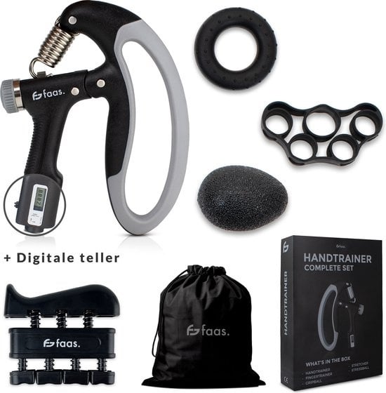 8720167428364 - Handtrainerset - 5-teilig - 10 bis 100 KG - Digitaler Zähler - Hand- Unterarm- Handgelenks- & Fingertrainer - Stressball Squeephalter Stretcher & Grip Ball