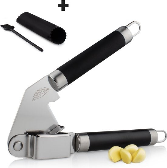 8720167428609 - Knoflookpers - Incl Borstel en Knoflookpeller - Gemberpers - Antislip Handvat - Zwart
