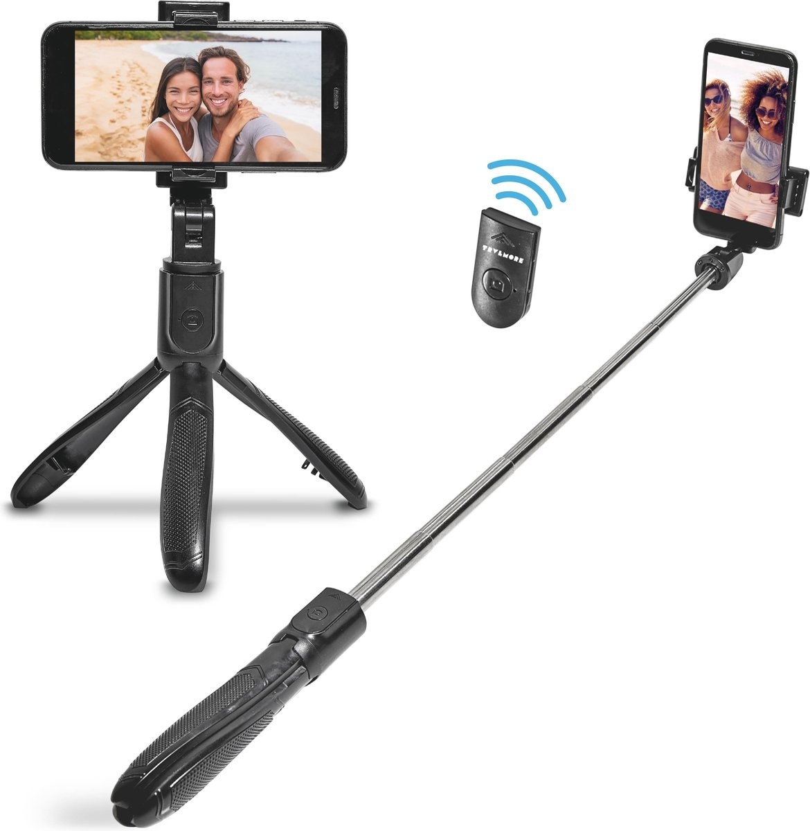 8720195250418 - TravelMore selfie stick - faltbares Stativ - bluetooth - universal - Selbstauslöser - rutschfester Griff - schwarz