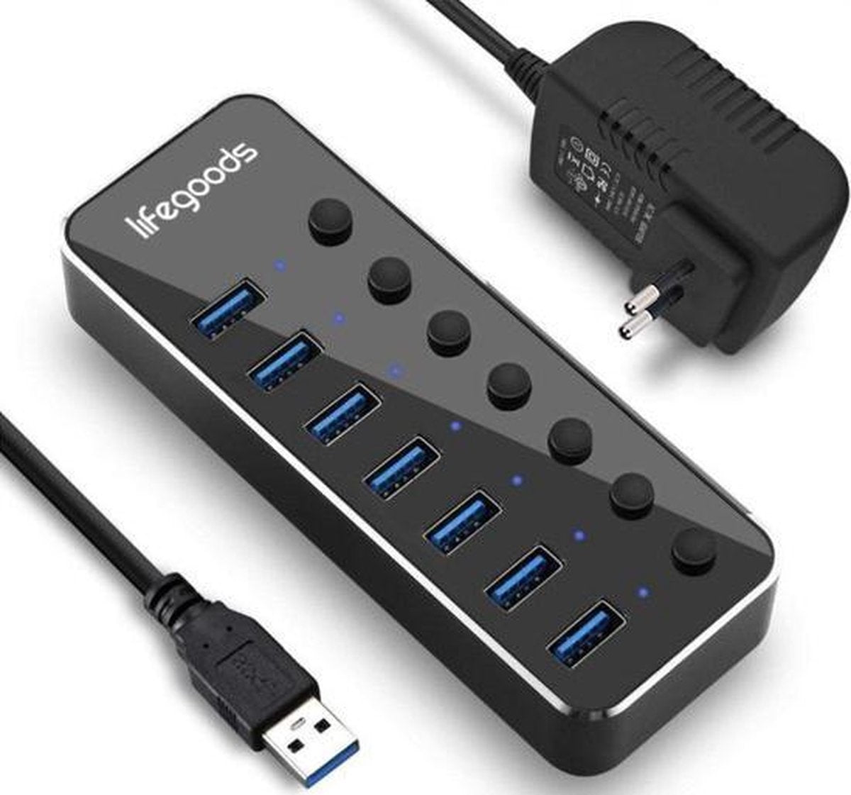 8720195250425 - USB Hub 30 - USB Splitter mit 7 Ports - mit Netzteil - 5 GBPs - Led-Anzeige - Schwarz