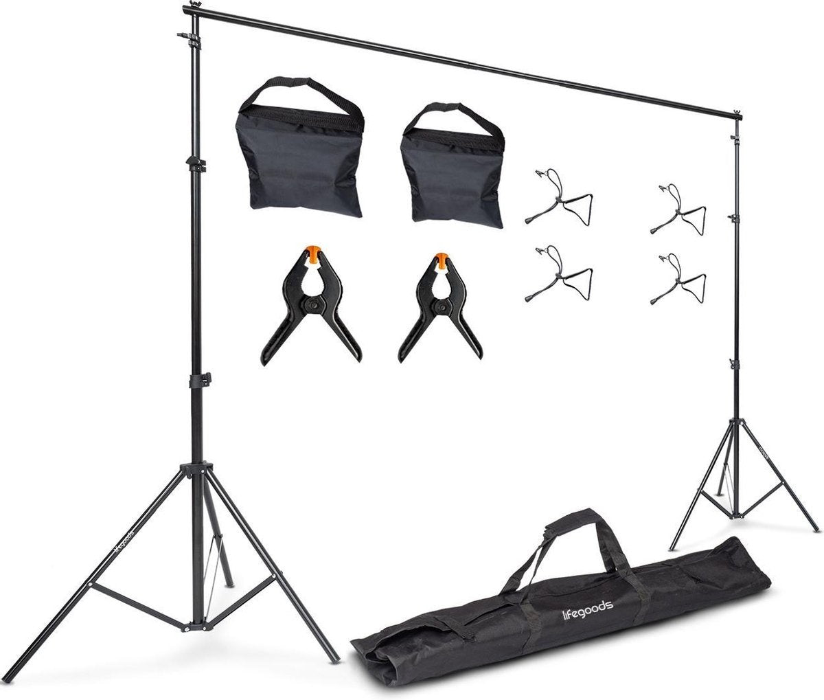 8720195250876 - LifeGoods Backdrop System - Fotostudio Hintergrund Stativ - Komplettset - ohne Tuch - verstellbar - 300 x 260cm