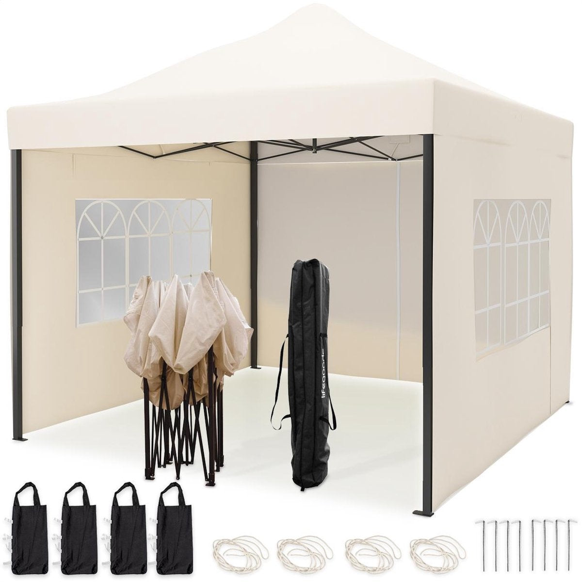 8720195251521 - Partyzelt - Pavillon - 3x3 m - mit Seitenwänden - leicht aufbaubar - faltbar - wasserdicht - Tragetasche mit Rädern - Beige