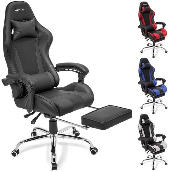 8720195251897 - AlphaX Game Chair - Bürostuhl mit Fußstütze - verstellbar - Kunstleder - Schwarz