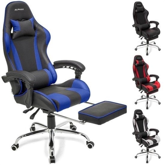 8720195251910 - AlphaX Game Chair - Bürostuhl mit Fußstütze - Verstellbar - Kunstleder - Schwarz Blau