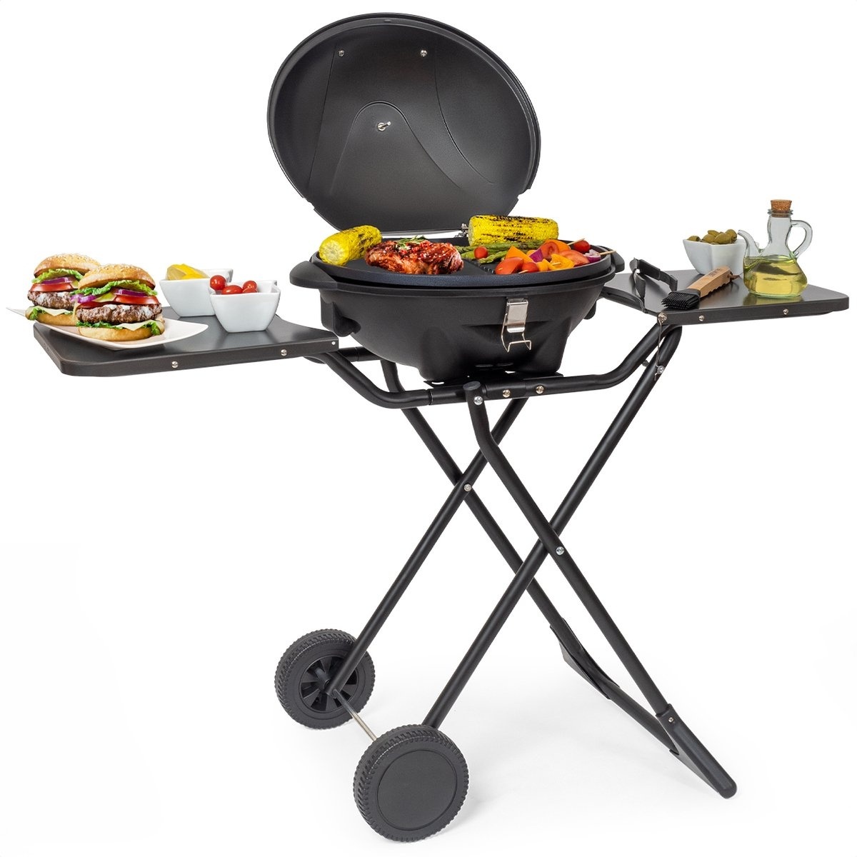 8720195252757 - Elektrogrill - mit Grillplatte - klappbar mit Rädern - Antihaftbeschichtung - inkl Ablage Halterungen - Grillfläche 465x338cm - bis zu 250°C - 2400W - Schwarz