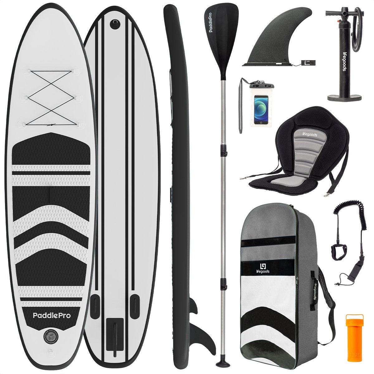 8720195252788 - SUP Board - mit Sitz - Aufblasbares Paddle Board - Komplettset - Max 135KG - 320x81cm - Weiß Schwarz