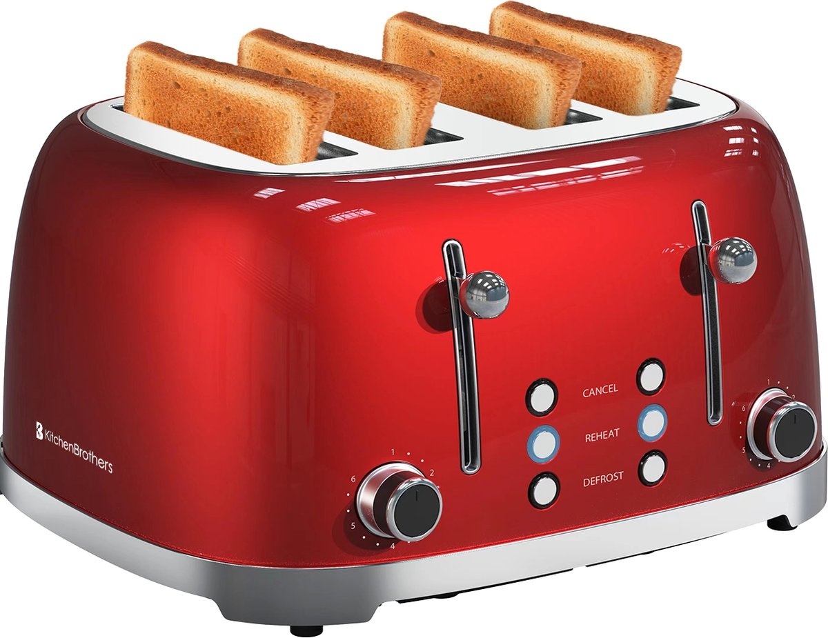 8720195253211 - Retro-Toaster - 6 Heizstufen - 4 extra breite Schlitze - 1630W - Aufwärm- und Auftaufunktion - Rot