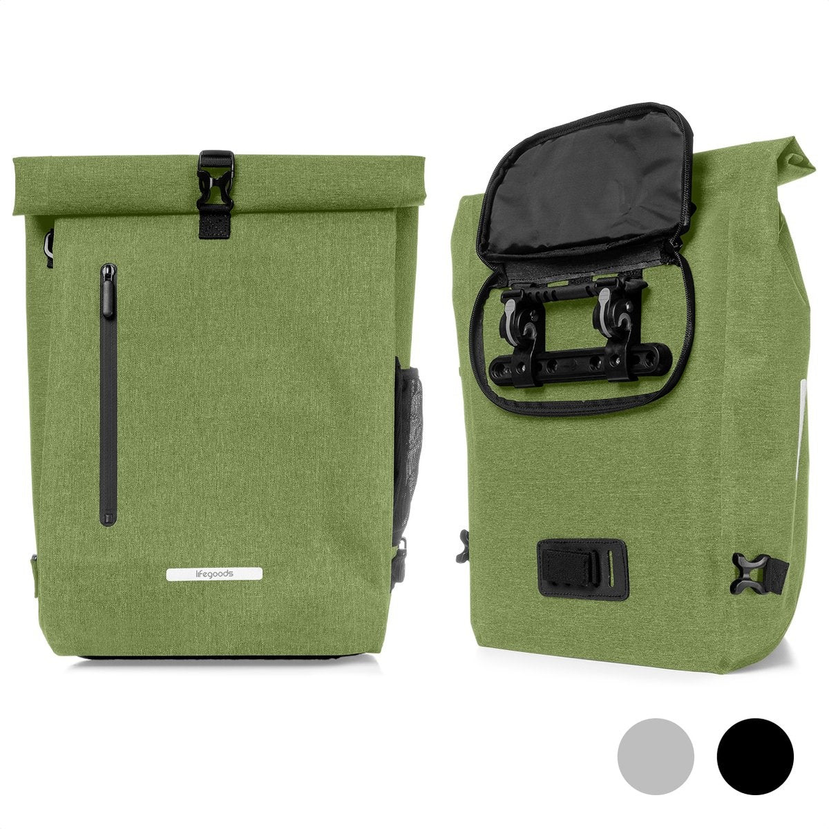 8720195253273 - Single Bicycle Bag - Kompakt - Umhängetasche und Rucksack - 25L - Runder Gepäckträger - Wasserdicht - Olivgrün