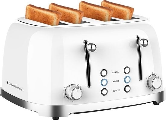 8720195253952 - KitchenBrothers Retro-Toaster - 6 Heizstufen - 4 extra breite Schlitze - 1630W - Aufwärm- und Auftaufunktion - Weiß