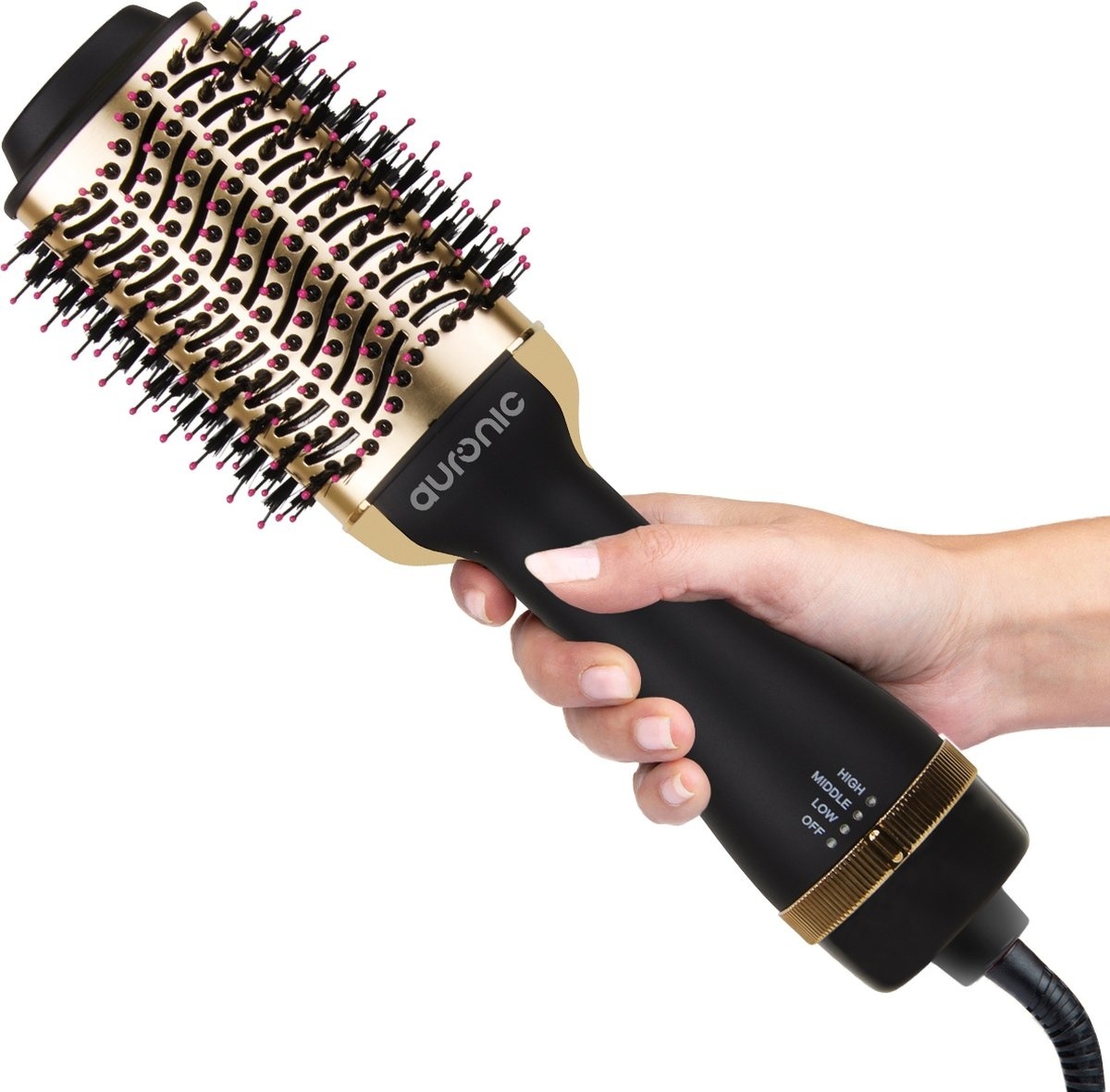 8720195254492 - 3-in-1 Haartrocknerbürste rund - Keramik-Magic-Bürste - Lang Kurz Style Locken - 1000W - Schwarz Gold