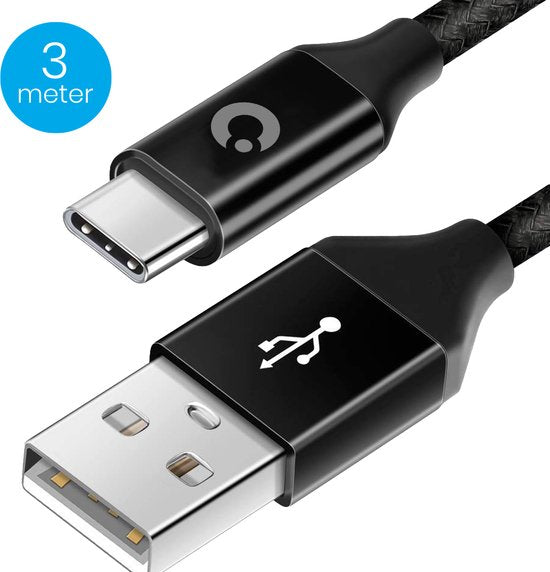 8720195254577 - USB-C Kabel - 3M - 24A - USB C zu USB-A - Geflochtenes Nylon - Schwarz