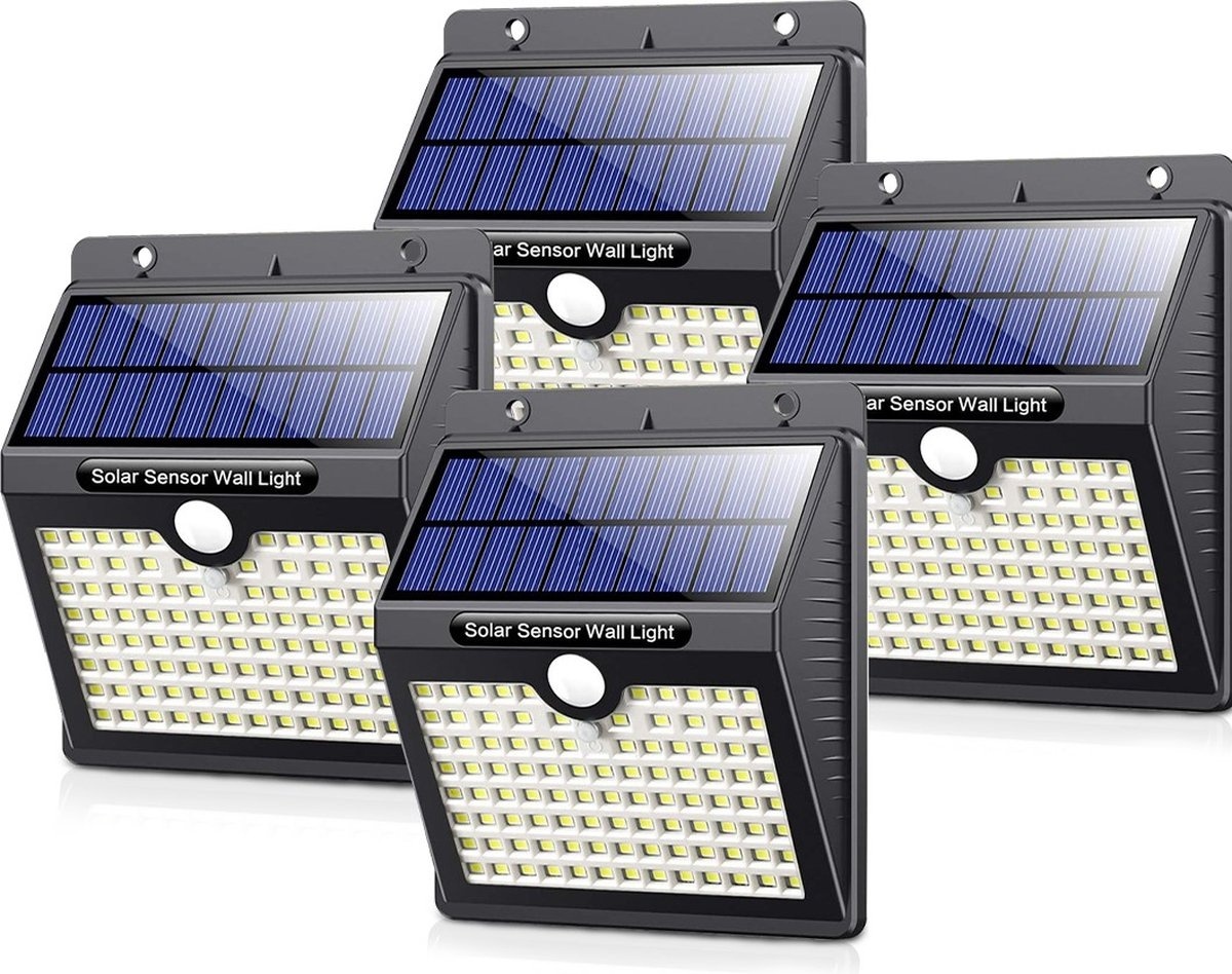 8720195256557 - Solar Außenleuchte mit Bewegungssensor - Wandleuchte mit Sensor - Solar - 97 LEDs - IP65 - 4 Stück - Schwarz