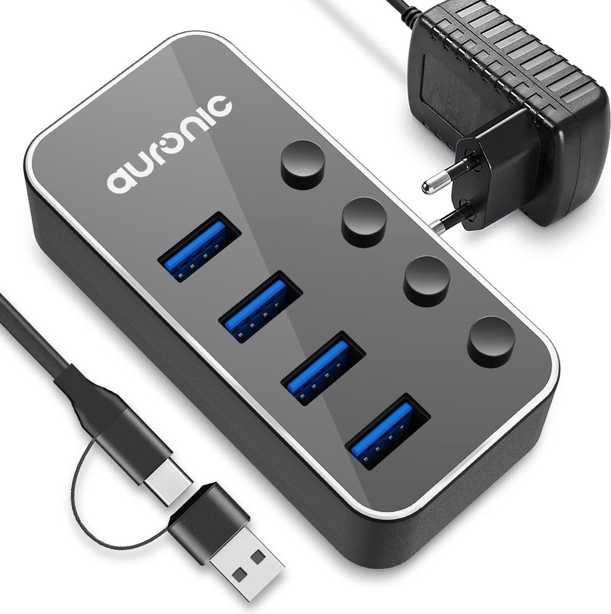 8720195256717 - USB Hub 30 - USB Splitter mit 4 Ports - mit Netzteil - 5 GBPs - Led-Anzeige - Schwarz