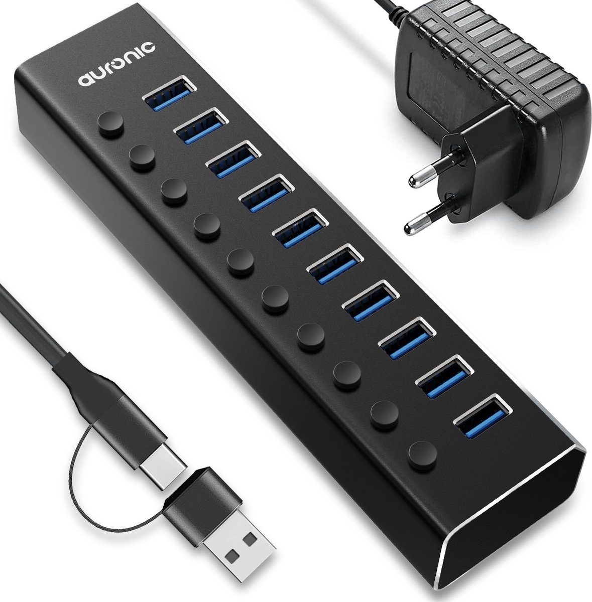 8720195256724 - USB Hub 30 - USB Splitter mit 10 Ports - mit Netzteil - 5 GBPs - Led-Anzeige - Schwarz