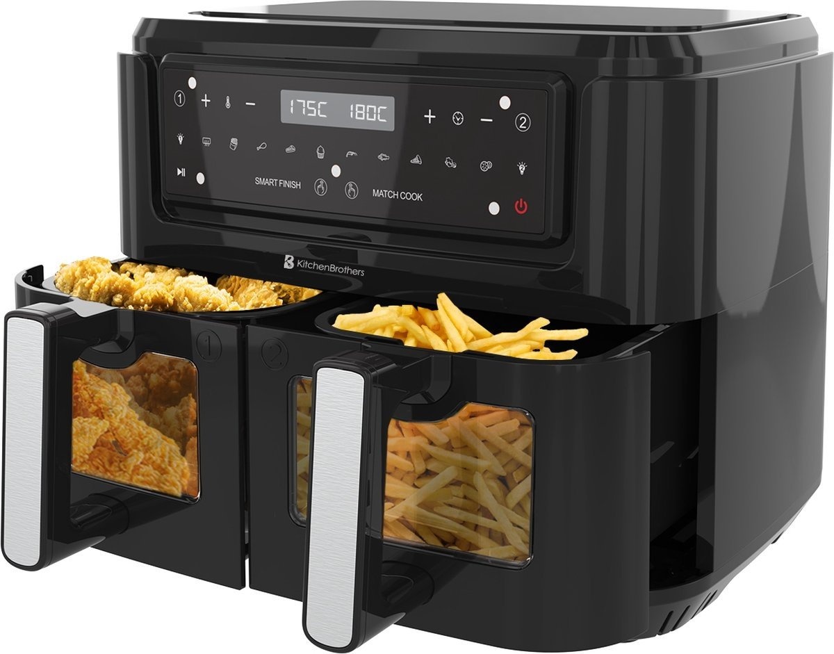 8720195257110 - Double Airfryer XXL - 9L - Heißluftfritteuse - Zwei Körbe - 2 x 45L - 2400W - Schwarz