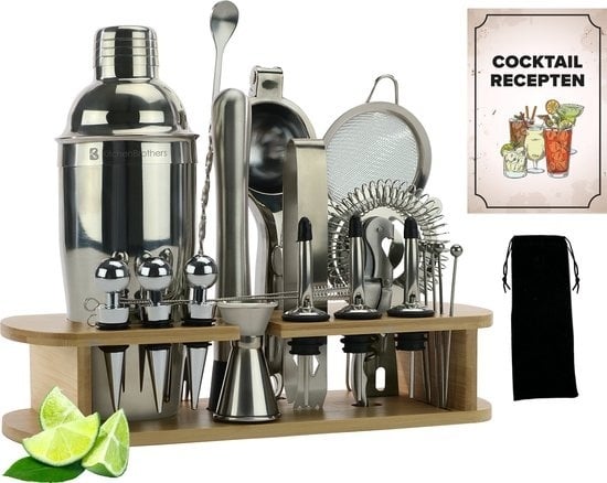 8720195257585 - Cocktail Set mit Cocktail Shaker - 25 Teile - Deluxe Set - Geschenkverpackung - Hellbraun Bambus