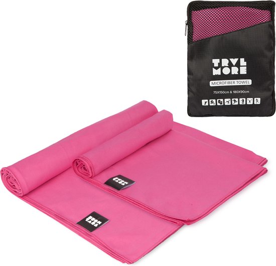 8720195258193 - Mikrofaser-Reisehandtuch-Set - 2 Stück - Groß (75 x 150 cm) & Extra groß (90 x 180 cm) - Mikrofaser - Pink