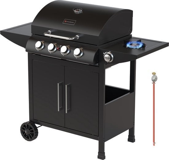 8720195259794 - Gas BBQ - Gasgrill mit Seitenbrenner - 5 Brenner - Mit Gasanschluss - 42x57cm Grillfläche - Extra Stauraum - Schwarz