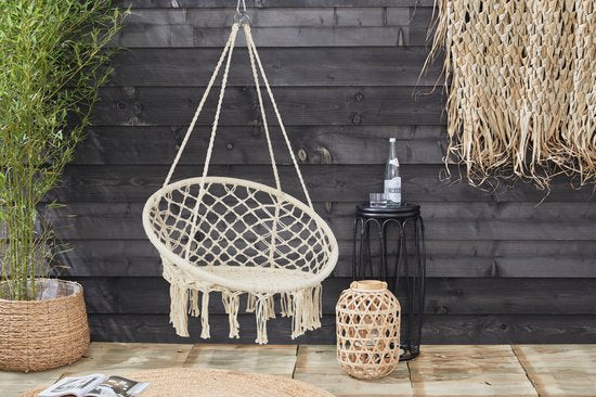 8720195386773 - Lifa Garden Hanging Chair - Runder Schaukelstuhl - Creme - Innen und Außen - Polyester und Baumwolle - 140 x 80 cm