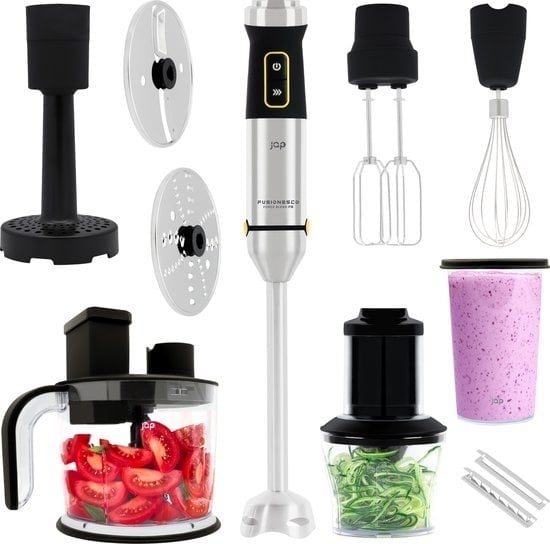 8720246584059 - JAP Appliances ForceBlend F3 - 7in1 Stabmixer-Set (1500W) - Inklusive Küchenmaschine Messbecher Spiralschneider Schneebesen und Rührbesen - Für Suppe Fleisch Smoothies und Baby-Snacks - Schwarz RVS