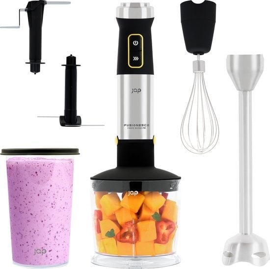 8720246584103 - JAP Appliances ForceBlend F2 - 5in1 Stabmixer-Set (1500W) - Inklusive Zerkleinerer Messbecher Eiscrusher Schneebesen und Rührbesen - Für Suppe Fleisch Smoothies und Baby-Snacks - Schwarz RVS