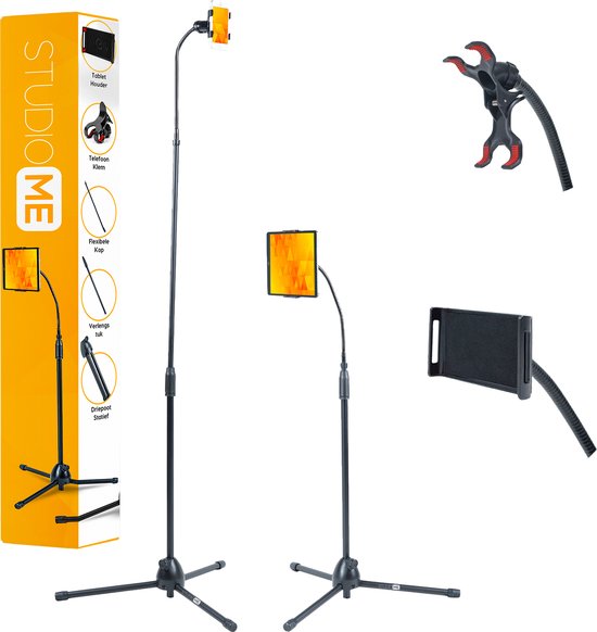 8720254095950 - Studio Me Telefonstativ - Tablet-Ständer - 175 cm - Stativ Smartphone - Tablet-Halter - Schwarz - Inkl Ipad-Halter & Telefonhalter - Tablet-Stativ - Telefonständer