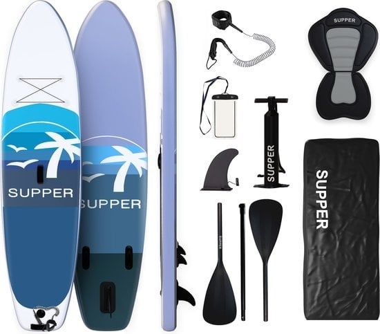 8720254311241 - Supper Sup Board XL - Max 180KG - Aufblasbar - Paddle Board - Verstellbares Paddel - Wasserdichte Handyhülle - Sitz - Pumpe - Flosse - Leash - Tragetasche - 335 x 81 cm