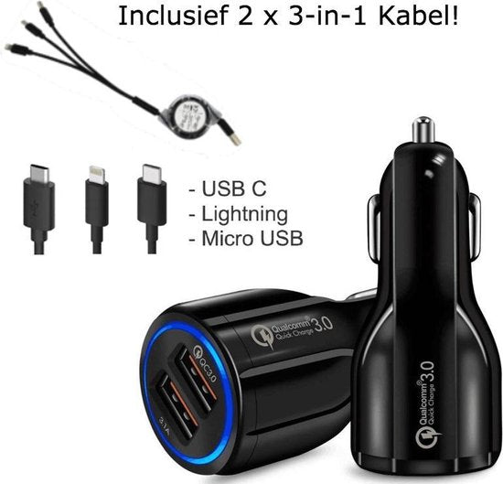 8720254459080 - Autoladegerät USB mit 2 Anschlüssen - Inklusive 2 einziehbaren Ladekabeln - Quickcharge 30 & USB 31A