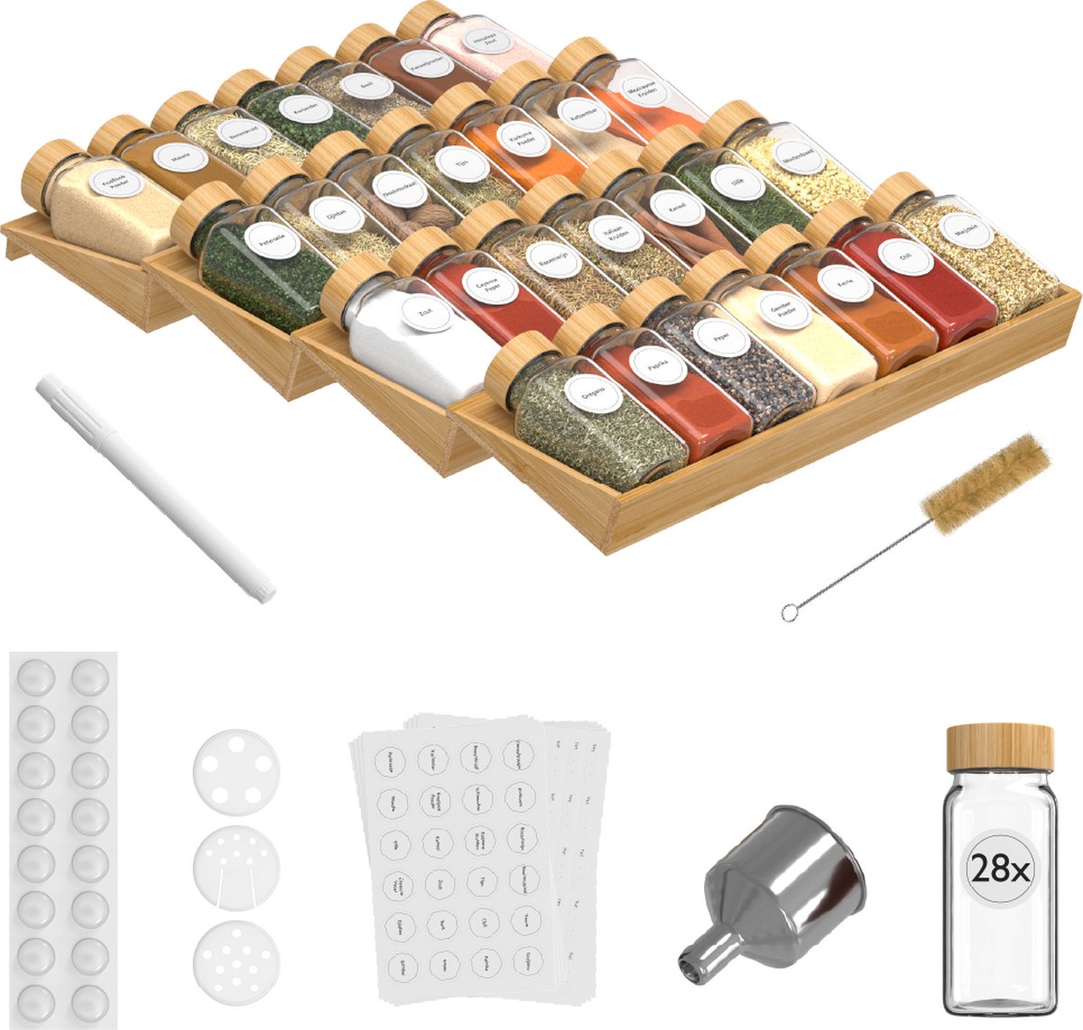 8720254660479 - Gewürzregal Schublade - Mit 28 Gläsern - Komplettset - Quadratisch - Streudeckel und Etiketten - Gewürz-Organisator - Küchenschubladen-Organisator - Bambus