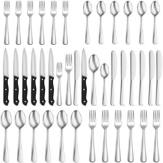 8720254661575 - Besteckset 6 Personen - Silber - 36 Teile - Edelstahl - Löffel Messer Gabeln und Steakmesser - Hohe Qualität