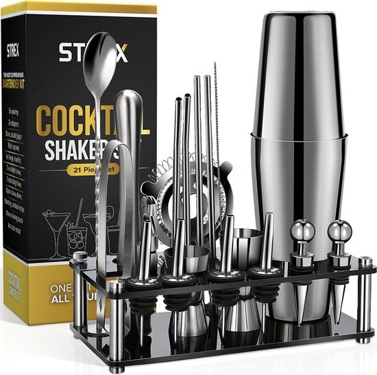 8720254661711 - Cocktail Set Silber Edelstahl 21 Stück (750ml) - Inkl NL Rezeptbuch - Cocktail Shaker - Geschenkverpackung