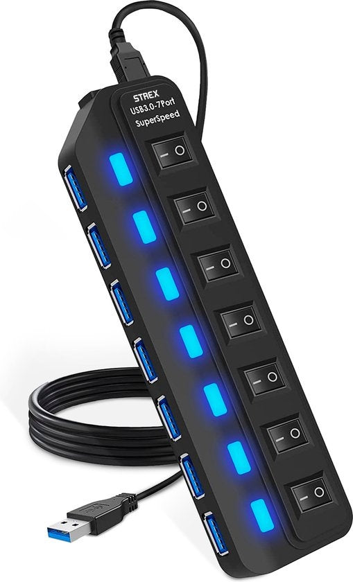 8720254661957 - USB 30 Hub - USB Splitter - 7 Poorten - 5Gbps - LED Indicatie - Aan Uit Switch - 100CM Kabel