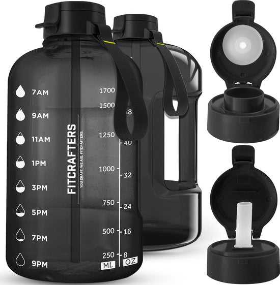 8720254722245 - Wasserflasche mit Zeitmarkierungen - Motivations-Trinkflasche - 2L - BPA frei - Schwarz