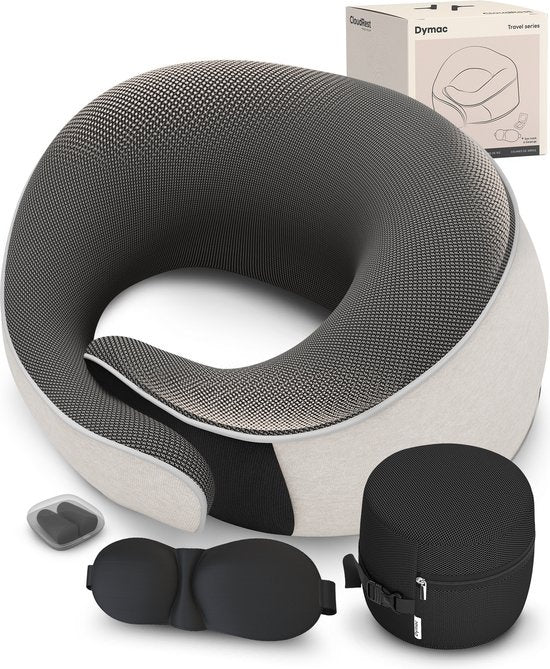 8720254778105 - CloudRest Reisekissen - Nackenkissen - Nackenstütze - Memory Foam Reisekissen - Inklusive Augenmaske & Ohrstöpsel - Mit Reiseetui - Beige