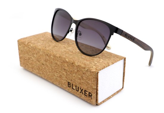 8720254801476 - Bluxer® Sonnenbrille - Hippe Holzsonnenbrille Polarisiert - UV400 Gläser - Schwarzer Edelstahlrahmen mit Ebenholzfurnier - Graue Gläser