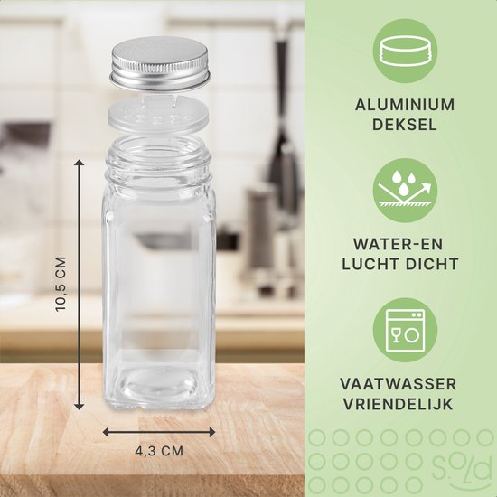 8720254933061 - Sold - 12 Glasgewürzdosen quadratisch mit Deckel - Gewürzstreuer - Komplettset mit Streudeckeln vorgedruckten Aufklebern und Trichter - Fassungsvermögen 120 ml - 105 x 43 cm