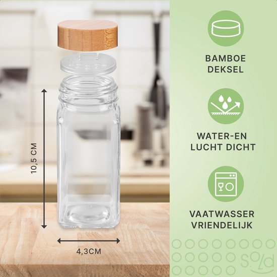 8720254933122 - Sold - 24 Glasgewürzdosen quadratisch mit Bambusdeckel - Gewürzstreuer - Komplettset mit Streudeckeln vorgedruckten Aufklebern und Trichter - Fassungsvermögen 120 ml - 105 x 43 cm