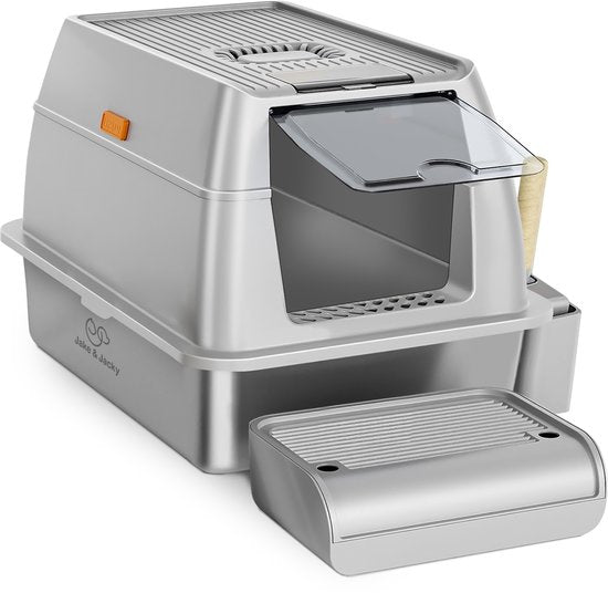 8720254933597 - Edelstahl Katzenklo - Katzentoilette aus Edelstahl - inkl Schaufel mit Halter und Streusammelschritt - 2 in 1 offenes Katzenklo mit abnehmbarem Deckel - 60x40x38cm