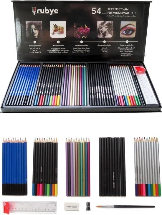 8720254936192 - Professional 54-teiliges Bleistift-Zeichen-Set - Buntstifte - Skizzenstifte - Metallic-Stifte - Aquarellstifte - Kohlezeichnung - Radiergummi - Lineal - Pinsel - Zeichenbox - 54 Teile