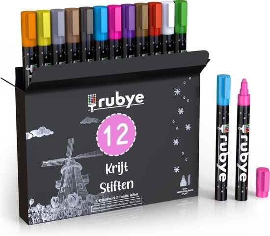 8720254936208 - Rubye¬Æ Fenstermarker Kinder - 12 Stück - abwaschbar - Kreidemarker für Fenster - Whiteboard Marker - Whiteboard Marker - Fenstermarker - Kreidemarker - Glasmarker - Porzellanmarker